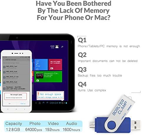 Borlter Clamp 128 GB USB 3.0 Flash Drive – Dual Port OTG Memory Stick with Micro USB for Android Devices & PCs, High-Speed Data Transfer & Portable Swivel Design, Ideal for Photos, Videos & Documents Storage