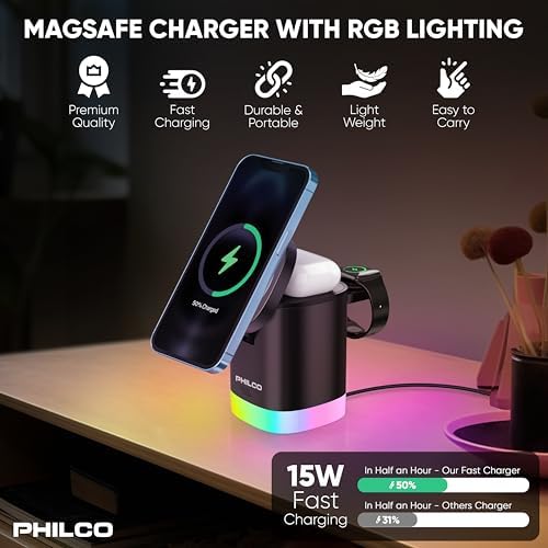 Philco 3-in-1 Magnetic Wireless Charging Station: Ultra-Fast 15 W Mag Safe Charger for i Phone 11-16, Apple Watch & Air Pods – Compact Foldable Design with USB-C Port & RGB Lighting for Enhanced Aesthetic and Efficiency