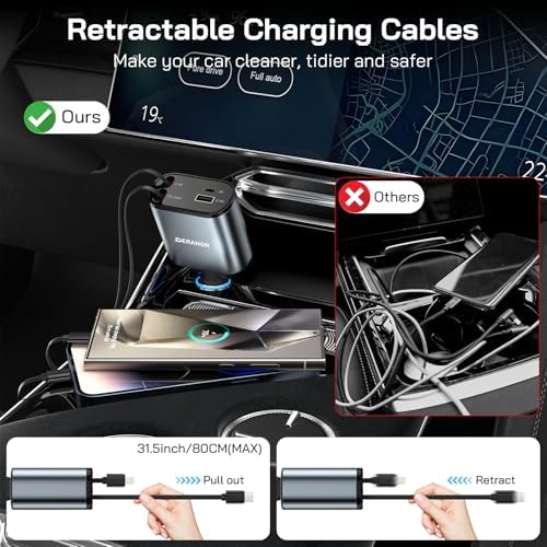 Dual-Output 69 W Retractable Car Charger Set – 4-in-1 Fast Charging Adapter with Type C and Lightning Cables for i Phone 12-16 & Samsung S23/S24 – Compact Design for Seamless Multi-Device Power on the Go