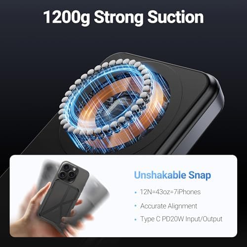 RAPTIC 2024 Advanced 5000 m Ah Magnetic Power Bank with Integrated Stand – Ultra-Slim Wireless Charger for i Phone 16 Pro Max/15/14/13/12, Fast Charging Capability, Includes USB-C Cable, Sleek Black Design for On-the-Go Convenience