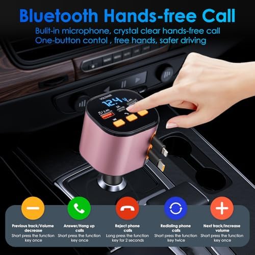 Ultimate 5-in-1 Fast Car Charger with Bluetooth 5.3 FM Transmitter – 90 W Retractable Charging Hub for i Phone 15/14/13 – Hands-Free Calling and Dual USB Ports for Seamless Connectivity and Quick Charging – Compact Black Design for Enhanced In-Car Experience
