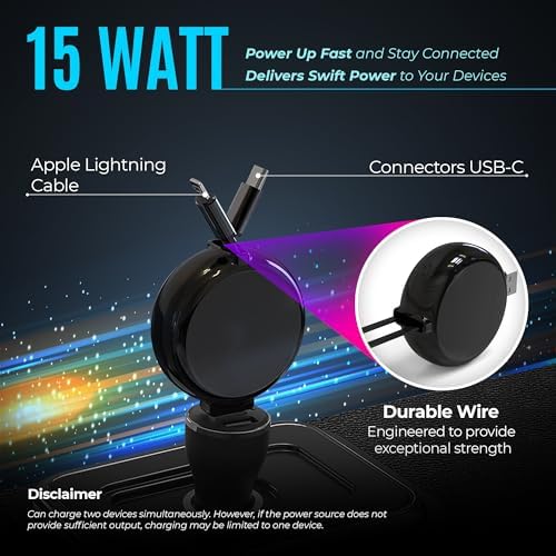 Dual-Use 15 W Fast Charging Retractable Car Charger for i Phone & Android | Travel-Friendly Tangle-Free Design | Wall Outlet & PC Compatible | Ultimate Power Solution for Busy Lifestyles