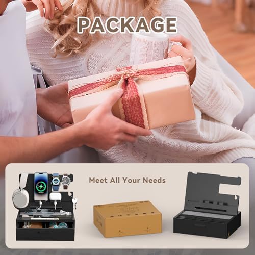 Pezin & Hulin Wooden Charging Station, Bedside Nightstand Tray, with Spacious Drawer, Felt Pads for Phones, Watch, Idea Gifts for Him Birthday, Son, Christmas for Papa Fathers Day – Enhanced Compatibility and Speed