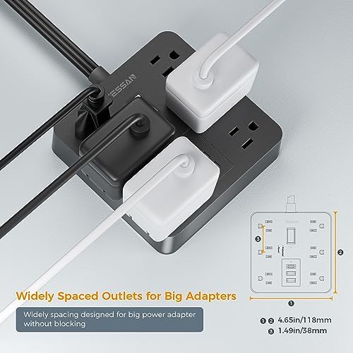 TESSAN 6-Outlet Black Surge Protector Power Strip with 3 USB Ports (1 USB-C) – 5 FT Flat Plug Extension Cord, 1700 Joules Surge Protection for Safe Charging in Home, Office & College Dorm – Compact and Versatile Multi-Device Charging Station