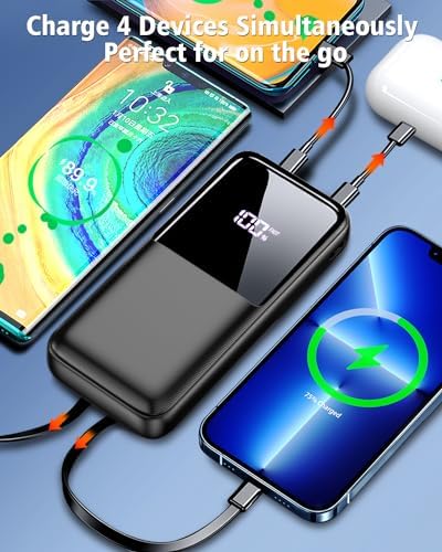 High-Capacity 20,000 m Ah Portable Power Bank – Ultra-Fast Charging Battery Pack with Built-In USB-C and i OS Cables for i Phone, Android, and Samsung Devices – Ideal Travel Companion for Uninterrupted Connectivity – Durable and Lightweight Design (1 Pack, White)