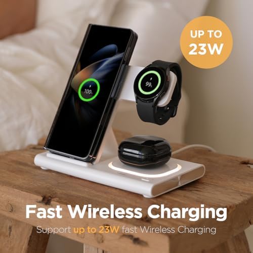 Mooas 3-in-1 Fast Wireless Charging Station with Nightlight – 15 W Multi-Device Charger for i Phone 15/14/13/12/11/XR/XS/8, Samsung Galaxy S24/23/22/21, Air Pods & Apple Watch – Sleek, Space-Saving Design for Enhanced Compatibility and Convenience