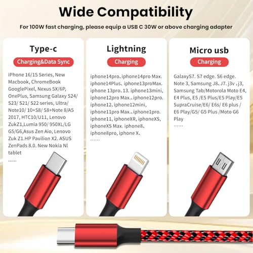Power Up Your Devices with the 100 W USB C Multi Charging Cable – 3-in-1 Fast Charging Solution Featuring E-Mark Chip for Enhanced Safety and Universal Compatibility with USB C, Lightning, and Micro USB Devices – 5 FT Length, 2-Pack for Ultimate Convenience and Efficiency in Charging Smartphones, Tablets, Laptops, and More