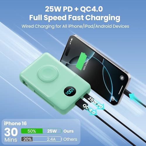 Ultimate 6-in-1 Magnetic Portable Charger, 10800 m Ah Power Bank for i Phone – Features Integrated Cables, Wireless Charging for Apple Watch, Smart LCD Display, and 25 W PD Fast Charging – Perfect Travel Accessory for All Devices with Enhanced Safety Features and Compatibility for i Phone 12 to 16 Series