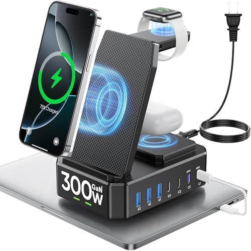 300 W High-Efficiency Charging Hub for Apple Devices – 10-in-1 Wireless Charger Dock with 65 W PD Fast Charging for i Phone, Mac Book, i Watch & Air Pods – Advanced Ga N III Technology, All-in-One Solution for Optimal Device Management and Clutter Reduction