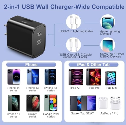 Costyle i Phone 15 & 16 Dual USB-C Charger Block – 20 W Fast Charging Wall Plug with 2 x 6 FT Type-C Cables for Maximum Compatibility – Efficient Power Adapter for i Phone 15 Pro Max & i Pad Pro – Compact Design for On-the-Go Charging Solutions