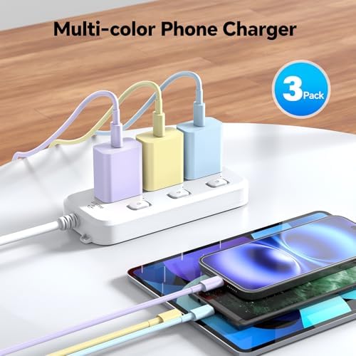 Premium 10 FT Fast Charging Type C Charger Set – 20 W USB C Cable Trio for i Phone 15/16 Pro/Max/Plus & i Pad Pro – Vibrant Blue, Yellow, Purple – Universal Compatibility & Rapid Power Delivery for On-the-Go Charging Solutions