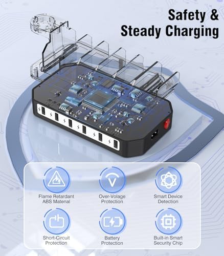 Ultimate 2025 6 Port Fast Charging Station – Multi-Device USB Dock with Safety Certification, 6 Cables & 2 Stands for Smartphones, Tablets, Kindles, Smartwatches – Streamlined Power Hub for Home, Office, and Travel