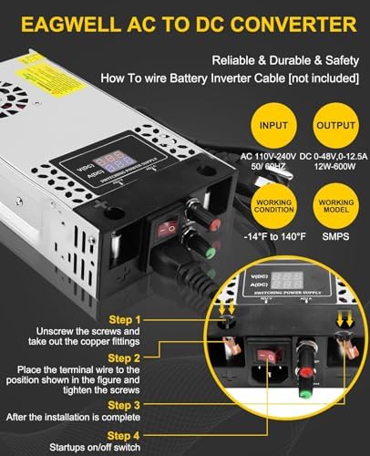 Eagwell 600 W Adjustable AC to DC Power Supply – Versatile 110 V Converter with 0-48 V Output and 12.5 A Capacity for RVs, Automotive, and Water Pump Applications – Efficient Switching Adapter with Regulated Voltage Options (5 V, 12 V, 13.8 V, 24 V, 48 V) for Maximum Compatibility and Performance Reliability