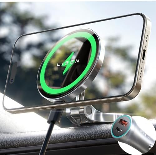 LISEN Mag Safe Car Charger with Ultra-Magnetic Phone Holder – High-Speed 15 W Wireless Charging for i Phone 12-16 Pro Max Plus – Secure Dashboard Mount for Seamless Navigation & Hands-Free Communication – Premium Automotive Accessory for Enhanced Driving Efficiency and Safety