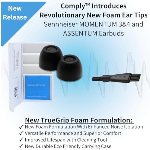 Transform Your Audio Experience with Comply True Grip Premium Memory Foam Earbud Tips for Sennheiser Momentum 3 & 4 | Ultimate Comfort & Noise Isolation | Large Black (3 Pairs) with Essential Cleaning Tool | Perfect Fit for Music Lovers