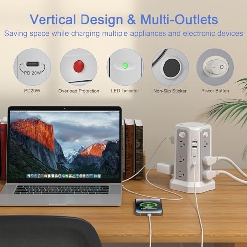 Maximize Power Distribution with the PASSUS Surge Protector Tower – 12 AC Outlets, 5 USB Ports Including 18 W USB C, 10 FT Extension Cord, Space-Saving Flat Plug, Overload Protection for Home and Office Use – Ideal for Multiple Devices and Rapid Charging Solutions