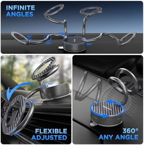 Mag Safe-Compatible Car Phone Holder with Strong Vacuum Magnetic Suction – Ultra-Long Adjustable Metal Arm & 360° Rotating Mount for All Smartphones – Sleek Carbon Fiber Design for Enhanced Stability, Convenience, and Safety on the Go