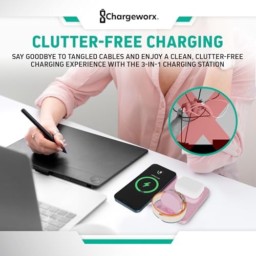 Effortless Charging: 3-in-1 Foldable Wireless Charger Station in Blush Pink – 15 W Fast Charging for i Phone, Samsung, Smartwatches & Headphones – Compact, Portable Design with Magnetic Alignment for Ultimate Convenience and Safety