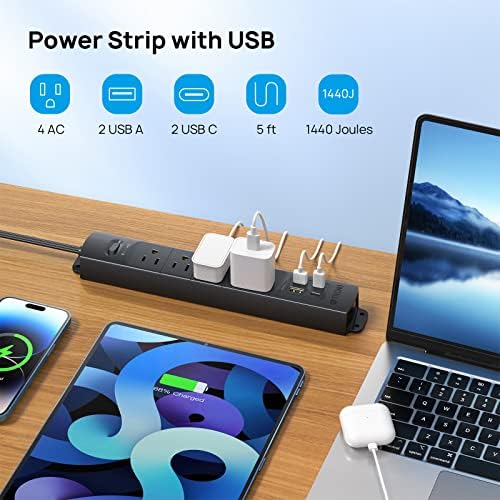 Ultra-Slim TROND Surge Protector Power Strip with 3 USB Ports & Type C – 4 AC Outlets for Maximum Device Protection & Charging Speed – 1440 J Surge Defense, ETL Listed, Space-Saving Wall Mount Design for Home Office & Dorm Use – Versatile Power Management Solution in Elegant Black