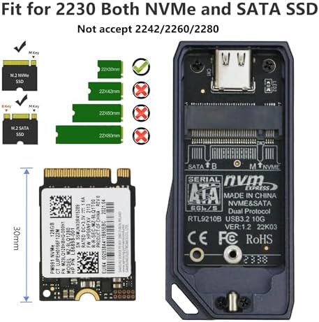 RIITOP M.2 2230 USB-C Enclosure – Ultra-Fast 10 Gbps Aluminum SSD Adapter for M Key NVMe & B+M Key SATA Drives, Compact 22 x 30 mm Design for Enhanced Portability and Seamless Compatibility with Windows, mac OS & Linux