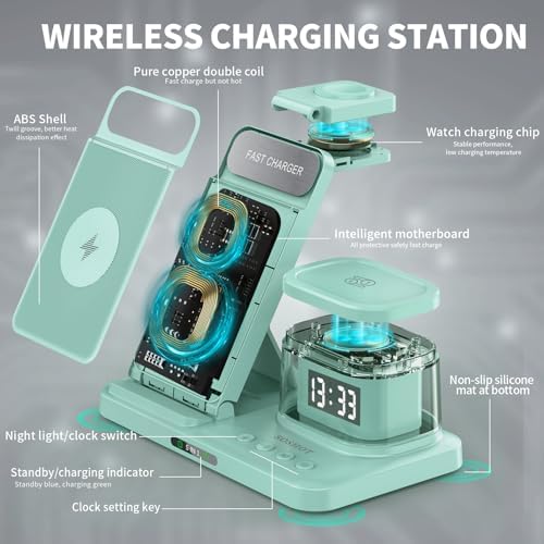 Elevate Your Charging Game: 5-in-1 Foldable Wireless Fast Charger with Integrated Night Light & Transparent Clock for Apple Devices – Ideal for i Phone 16/15/14/13/12/11 Pro Max, Apple Watch, and Air Pods – Sleek Green Design for Ultimate Portability and Style