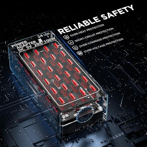 High-Efficiency 24-Port USB Charging Station – 100 W Rapid Multi-Device Power Hub for Hotels, Schools, and Public Spaces – Enhanced Compatibility and Safety Features for Fast Device Charging