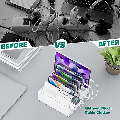 Sustainable Bamboo USB Charging Hub with 7 Ports – Elegant Multi-Device Organizer for Smartphones, Tablets, Smartwatches, and Earbuds – Fast Charging Solution with Dedicated Holders for Tidy Power Management and Stylish Home Décor