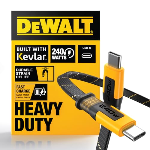 DEWALT Heavy Duty USB C to USB C Fast Charging Cable – 240 W Power Delivery for Rapid Charging, Kevlar Reinforced Design for Ultimate Durability, High-Speed Type-C Compatibility with i Phone 16, Samsung Galaxy, Mac Book, and More – Tangle-Free Flat Cable for Efficient Workspace Organization