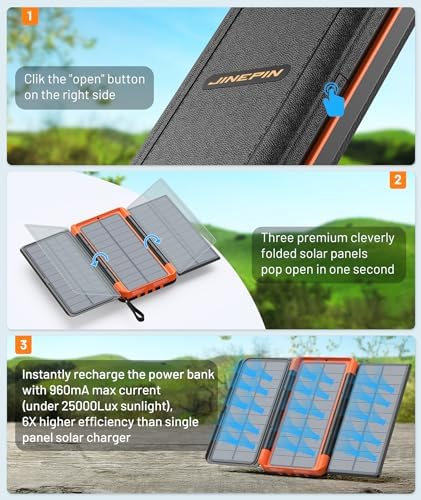 Ultimate 46,800 m Ah Solar Power Bank with 4 Built-In Cables and 3 Foldable Solar Panels – PD20 W Fast Charging Portable Charger with LED Display and SOS Camping Light for Outdoor Adventures and Emergency Use