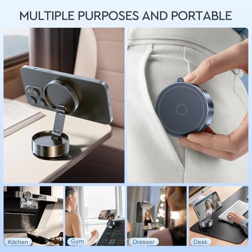 Vacuum Magnetic Phone Holder, Vacuum Magnetic Phone Stand, 360 Foldable and Retractable Double-Sided, Folding Swivel Stand, Vacuum Suction Phone Holder for Car Mirror Gym Shower, Black – Enhanced Compatibility and Speed