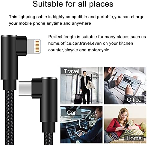 Premium 3-Pack USB C to Lightning Cable 3 ft – MFi Certified Fast Charging with 90-Degree Right Angle Connector – Durable Nylon Braided Design for i Phone 13, 12, 11, Pro, X, XS, XR, 8 Plus, 7, 6, 5 – Ultimate Convenience for Gaming and Streaming – Reliable Data Transfer and Syncing Solutions – Tangle-Free, Long-Lasting Performance in Stylish Black Finish