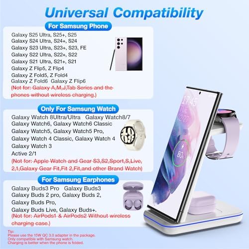 Fast Wireless Charging Station for Samsung Galaxy Devices – Multi-Device Charger for Galaxy S25 Ultra, S24, S23+, Z Flip 6/5, Fold 6/5, and Galaxy Watch 8/7/Pro/Active 2 – Sleek White Design for Effortless Organization and Speed – Perfect for Home and Office Use – Compatible with Galaxy Buds3/2 Pro for Ultimate Convenience