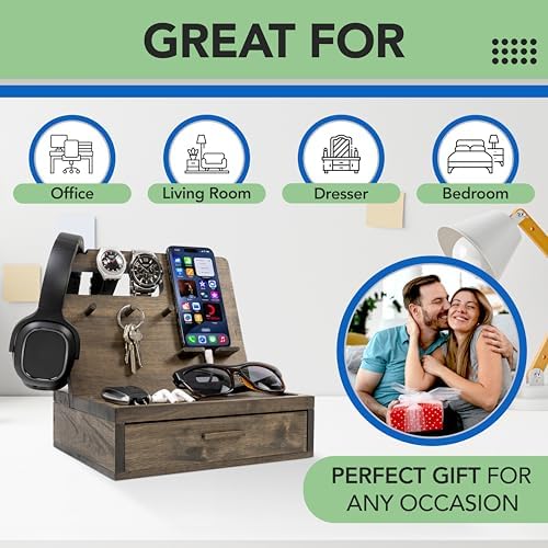Nightstand Organizer- Rustic Bedside Organizer with Drawer for Cellphone, Watches, Headphone, Sunglasses, & Accessories- Makes an Ideal Gift for Dad or Son – Enhanced Compatibility and Speed