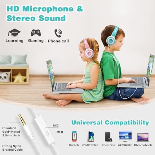 Chic Pink SIMOLIO Kids Headphones with Microphone – Volume-Limited Wired Design for Safe Listening – Adjustable Sound Levels (75/85/94 d B) for Hearing Protection – Perfect for School, Travel, and Home Use – Durable and Comfortable Fit for Active Young Listeners – Compatible with Smartphones & Tablets for Versatile Use