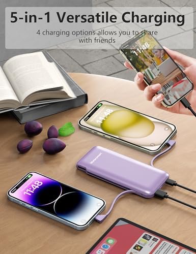 Dual 10000 m Ah Portable Power Bank Set with Built-In Cables and Fast Charging – Travel-Ready USB-C Charger for i Phone & Android Devices in Sleek White & Purple Design – Ultimate Compatibility for On-the-Go Power Solutions