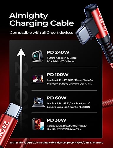 Optimize your charging setup with the AINOPE 240 W USB C to USB C Cable, a 6-foot powerhouse engineered for ultimate speed and flexibility. Featuring a right-angle connector, this fast charging cable is perfect for gaming or multitasking without the clutter of tangled cords. Compatible with the latest devices, including i Phone 16 Pro Max, i Phone 15, Mac Book Air/Pro, i Pad Pro, Samsung Galaxy, and Pixel, it delivers an impressive 240 W power output for rapid charging. The dual-pack offers exceptional value, ensuring you have a reliable charging solution wherever you go. Built with premium materials for durability, the sleek grey and blue design enhances your tech aesthetic while providing long-lasting performance. Elevate your device charging experience with this versatile cable, designed for both home and office use, while ensuring seamless connectivity across all your electronics.