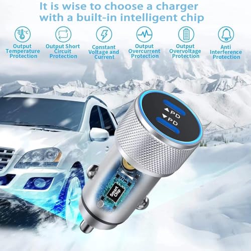 Effortless Power on the Go: 40 W Dual USB-C Fast Car Charger for i Phone with 2 Lightning Cables – Rapid Charging for i Phone 14/13/12/11 Pro Max and i Pads, Enhanced Compatibility, and Built-in Safety Features for Ultimate Device Protection