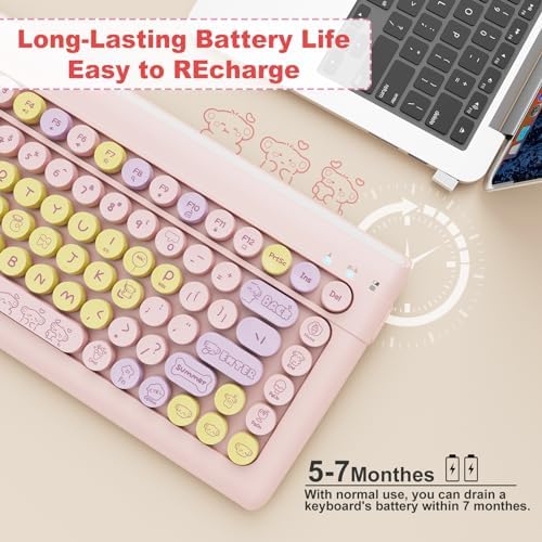 SADES Retro Wireless Bluetooth Keyboard for Mac, i Pad, i Phone, PC & Android – Multi-Device Connectivity & Portable Design with Vintage Round Keycaps – Perfect for Effortless Typing on the Go in Chic Pink