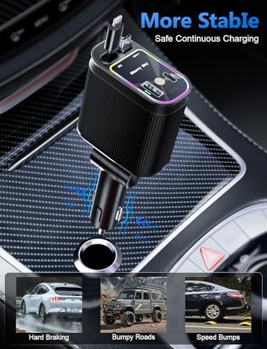 Celestial Power: 4-in-1 Starlight Retractable Car Charger with Fast Dual USB Ports – Compatible with i Phone 15/14/13 – Innovative Tangle-Free Charging Solution for Enhanced Portability and Style