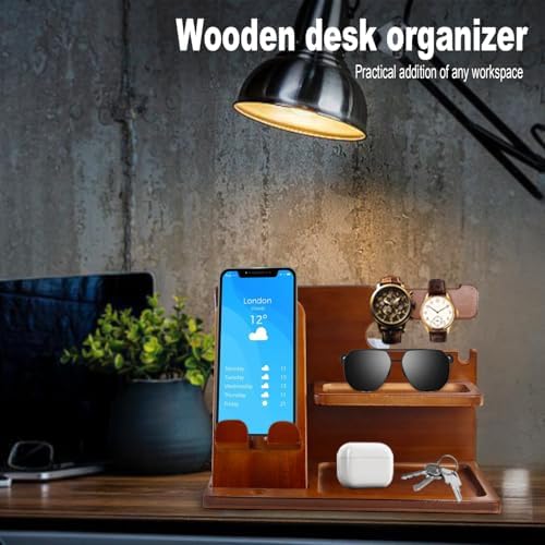 Stylish Wood Nightstand Organizer for Men – Elegant Beige Phone Docking Station & Desk Accessory with Dedicated Compartments for Keys, Wallets, Glasses – Practical Gift Idea for Birthdays & Special Occasions – Enhance Your Bedroom Aesthetics & Simplify Your Nightly Routine
