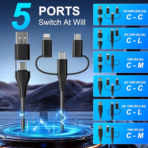 Versatile Coiled USB to USB-C & Lightning Cable Combo for i Phone and Android – MFi Certified Fast Charge & Data Sync up to 3 A – Tangle-Free Design for Apple Car Play & Android Auto Compatibility – Durable, High-Quality Charging Solution for Seamless Connectivity on the Go