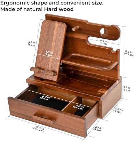 TESLYAR Wood Phone Docking Station with Drawer – Nightstand Organizer – Desk Organizer for Husband – Birthday Gifts for Men, Dad, Anniversary Idea, Key Holder Stand Watch & Accessories (Bourbon Brown) – Enhanced Compatibility and Speed