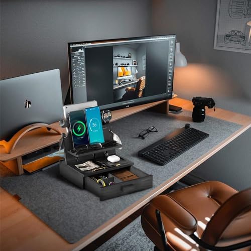 Premium Black Wood Multi-Device Docking Station – Sleek Nightstand Organizer with Hidden Drawer for Valuables, Ideal for Phones, Tablets, Apple Watch, Keys, and EDC Essentials – Streamlined Charging and Elegant Design for Home or Office