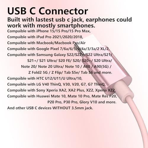 Stylish Rose Gold USB C Earbuds – Premium In-Ear Headphones with Superior Stereo Bass and Built-in Microphone for i Phone 15, Samsung, and Google Pixel – Ergonomic Design with Convenient Volume Control for Unmatched Comfort and Everyday Audio Excellence