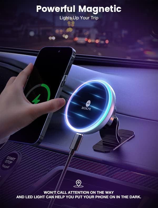MOKPR 15 W Mag Safe Car Charger & Magnetic Phone Holder – Effortless Fast Wireless Charging with Dynamic LED RGB Lighting for i Phone 15/14/13/12 Series – Stylish Dash & Air Vent Mount for Enhanced Driving Experience and Convenient Accessibility