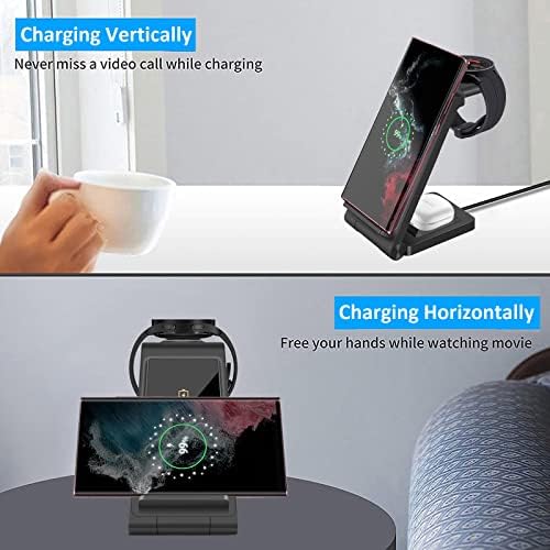 DINTNCCM 3-in-1 Fast Wireless Charging Station – Foldable Charger for Samsung Galaxy S24 Ultra, Galaxy Watch6, and Galaxy Buds – Sleek Black Design with Enhanced Safety Features for Home and Travel Use