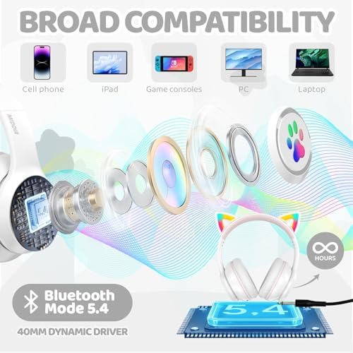 MIDOLA Cat Ear Bluetooth 5.3 Wireless Headphones for Kids – 60-Hour Playtime, Fun LED Illumination, Travel-Friendly Foldable Design with Integrated Microphone – Ideal for Music, Gaming, and Movies on the Move in Stylish Blue