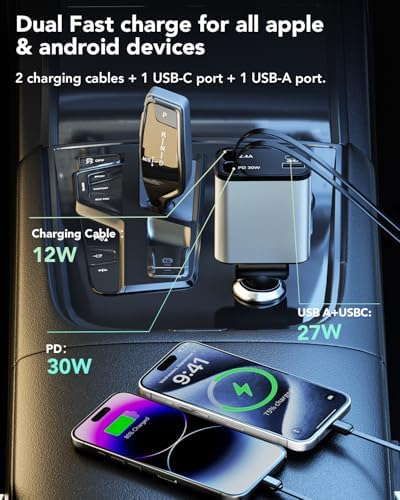 2025 Ultra-Compact 4-in-1 Retractable Car Charger – 69 W Fast Charging Adapter for i Phone 16, Galaxy and More – Innovative Space-Saving Design with Multiple Ports for Simultaneous Device Powering – Essential Car Accessory for Daily Commutes and Road Trips