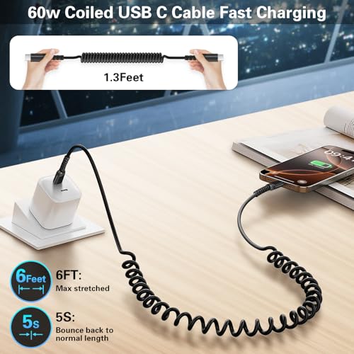 Canjoy 6 FT Retractable Coiled USB C Cable for Car – 5-Pack Fast Charging Cords Compatible with Car Play & Android Auto, Ideal for i Phone 16/15 and Samsung Galaxy S24/S23/S22 – Durable, Tangle-Free Design for Ultimate Convenience