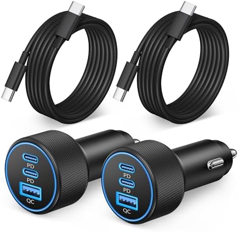 Premium 3-Port 67 W USB-C Car Charger for i Phone 16 & 15 – Dual Pack Fast Charging Adapter with Two 3 FT Cables – Multi-Device Compatibility for i Pads & Air Pods – Compact, Durable Design for Road Trips & Daily Commutes